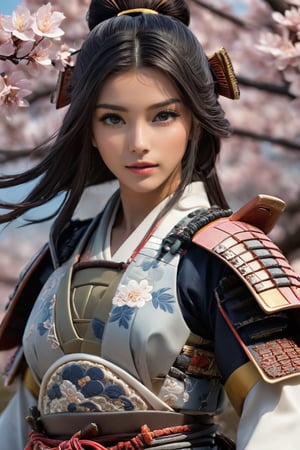 A stunning hyperrealistic anime portrayal of a female samurai dressed in intricately detailed ukiyo-e porcelain armor adorned with delicate floral patterns and a harmonious blend of soft whites and earthy tones. The samurai stands confidently with a powerful pose, The interplay of light and shadow highlights the armor's texture and form, while the ukiyo-e-inspired landscape, golden sunset, and Sakura trees create a captivating and cinematic atmosphere. featuring white and pink hues., anime, ukiyo-e, cinematic,samurai