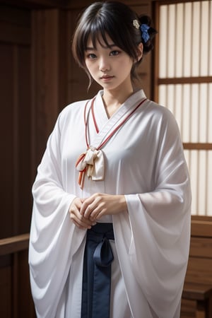(8K, RAW photo, best quality, masterpiece), high-definition RAW color photo professional photo, (realisitic, photorealisim:1.37), (best quality), (best shadow), (best illustration), 1 Woman, 23years old, Mystical Beautiful Girl, medium hair, hime cut, blunt bangs, black hair, kimono, Very short stature, Very small breasts,see-through kimono,kabukimono