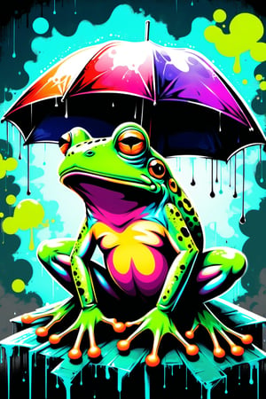 (Fashion Illustration:1.3) (Graffiti Urban Style Fashion:1.3) BREAK (Text "Frog":1.6),(Fractal Art: 1.3), (Colorful Colors), An African bullfrog looking up at the rainy sky with a gloomy expression,