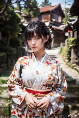 (8K, RAW photo, best quality, masterpiece), high-definition RAW color photo professional photo, (realisitic, photorealisim:1.37), (best quality), (best shadow), (best illustration), 1 Woman, 23years old, Mystical Beautiful Girl, medium hair, hime cut, blunt bangs, black hair, kimono, Very short stature, Very small breasts,