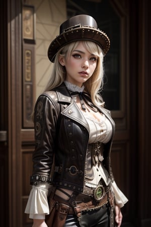 ((​masterpiece、top-quality)), (Photorealistic photography:1.4) ,(steampunc:1.6), White Elegance, (intricate detailes),1 persons, femele, 24 year old, Mystical Beautiful Girl, perfect anatomia, perfectly proportions, face perfect, Strong gothic makeup, Whitewashed face, Purple Lipstick, Purple eyeshadow, (Heavy makeup:1.4), Pathological beauty, Bright on the face, Details of face, serious faces, Platinum blond hair, long straight Cut Hair, Parting aligned bangs, Hair that flutters in the wind, Steampunk world, Leather jacket, Leather Vest, White blouses, Ribbon Ties, Long leather trousers, Leather Scout Mask, leather brim hat, lace-up boots, um Home Detetive, conceptual art, 真实感, godrays, Cinematographic lighting, canon, high details, hiquality, HD fine, 16K resolution, Full body portrait, full body Esbian