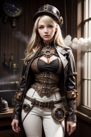 ((​masterpiece、top-quality)), (Photorealistic photography:1.4) ,(steampunc:1.6), White Elegance, (intricate detailes),1 persons, femele, 24 year old, Mystical Beautiful Girl, perfect anatomia, perfectly proportions, face perfect, Strong gothic makeup, Whitewashed face, Purple Lipstick, Purple eyeshadow, (Heavy makeup:1.4), Pathological beauty, Bright on the face, Details of face, serious faces, Platinum blond hair, long straight Cut Hair, Parting aligned bangs, Hair that flutters in the wind, Steampunk world, Leather jacket, Leather Vest, White blouses, Ribbon Ties, Long leather trousers, Leather Scout Mask, leather brim hat, lace-up boots, um Home Detetive, conceptual art, 真实感, godrays, Cinematographic lighting, canon, high details, hiquality, HD fine, 16K resolution, Full body portrait, full body Esbian