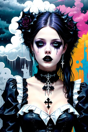 (Fashion Illustration:1.3) (Graffiti Urban Style Fashion:1.3) BREAK (Text "Gothic":1.6),(Fractal Art: 1.3), (Colorful Colors), (gothic lolita :1.3), Sick beauty, White Elegance, A morbid beauty in a Gothic Lolita costume, looking up at the rainy sky with a melancholy expression, 
