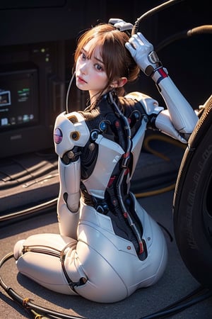 (((masterpiece))), ((((best quality)))), (((ultra-detailed))), (highly detailed CG illustration), ((an extremely delicate and beautiful)),(cute delicate face),cinematic light,((1mechanical girl)),solo,full body,(machine made joints:1.4),((machanical limbs)),(blood vessels connected to tubes),((mechanical vertebra attaching to back)),((mechanical cervial attaching to neck)),((sitting)),expressionless,(wires and cables attaching to head and body:1.5),(character focus),science fiction,mj,mecha_girl_figure,evangelion mecha