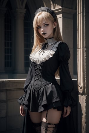 ((​masterpiece、top-quality)), (Photorealistic photography:1.4), (gothic lorita:1.5), White Elegance, Highly detailed frills, (intricate detailes),1 persons, femele, 11years old girl, Mystical Beautiful Girl, Very young face, perfect anatomia, perfectly proportions, face perfect, Strong gothic makeup, Whitewashed face, Purple Lipstick, Purple eyeshadow, (Heavy makeup:1.4), Pathological beauty, Bright on the face, Details of face, serious faces, blondehair, Long straight hair, Parting aligned bangs, Hair that flutters in the wind, Gothic Lolita costumes, Black headdress,H Black miniskirt bulging with panniers, lace-up boots, Very short stature, Very small breasts, Stand cross-legged, um Home Detetive, conceptual art, 真实感, godrays, Cinematographic lighting, canon, high details, hiquality, HD fine, 16K resolution, Full body portrait, full body Esbian,