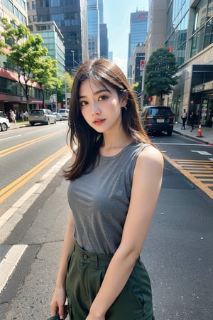 Beautiful girl wearing grey tank top bodysuit and army green parachute cargo pants, on city sidewalk with skyscrapers in view