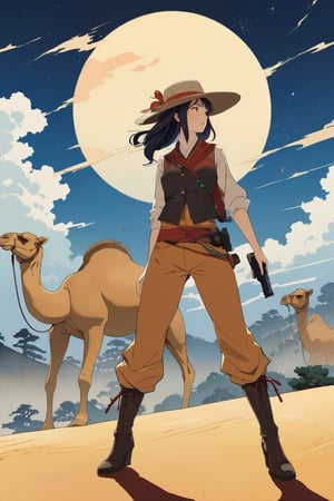 Amazing surreal anime depiction of a mysterious beautiful girl in finely crafted Ukiyo-e porcelain, with a cowboy hat, western shirt, camel-colored leather vest, long denim pants, western boots, and a handgun, the beautiful girl is dynamic standing in a pose. The interplay of light and shadow emphasizes the texture and form of the beautiful girl, while ukiyo-e-inspired landscapes, golden sunsets, and rocky wilderness create an enchanting, cinematic atmosphere. It is characterized by its light brown sand color. anime, ukiyo-e, movies, cowboy costumes,gunatyou