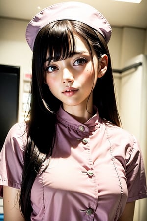 (airy photo: 1.4), (Overexposed: 1.2), Shallow Depth of Field, 1 Person, Female, 17 Years Old, Perfect Anatomy, Perfect Proportions, Perfect Face, Mysterious and Cute Beautiful Girl, Delicate Face, Brown Hair, Long Straight Hair, (Parting, Bangs: 1.45), Light pink Nurse Costume, Pale pink Hospital room, black and white photography, DonMW45h3d0u7, nurse uniform, nurse cap,