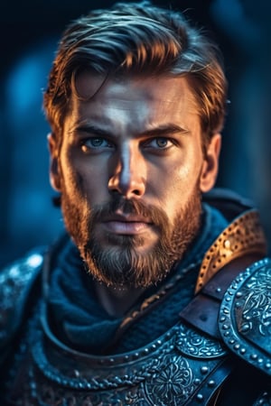 a closeup photo of bearded European male warrior in steel armor, intense expression, in the ruined temple, fire, cold colors night, rim lighting, cinematic, highly detailed, masterpiece