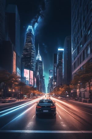 masterpiece,hyper Reality,ray-tracing, high-resolution, modern city, high buildings, car, a street road in the middle of the city, the sky is full of huge planet, night, galaxy, cinematic view, cinematic angle, cinematic light,