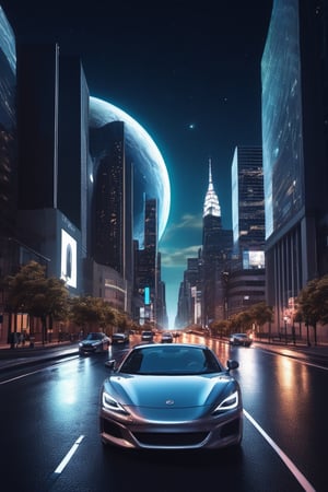 masterpiece,hyper Reality,ray-tracing, high-resolution, modern city, high buildings, car, a street road in the middle of the city, the sky is full of huge planet, night, galaxy, cinematic view, cinematic angle, cinematic light,