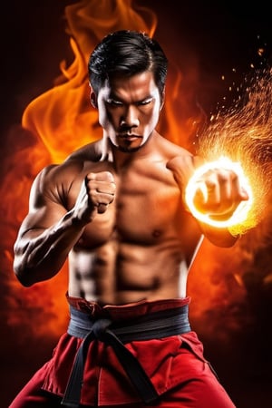 "Generate an image of a slightly muscular man immersed in martial arts training, his hands radiating a fiery magical glow. Capture the dynamic moment as he seamlessly blends his martial prowess with the power of fire magic, creating an impressive and captivating scene." 1 man,, 