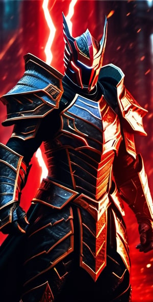 In a realm of fantasy, a man adorned in electrifying red and black armor stands resolute. His armor crackles with contained lightning, imbuing him with an aura of power. In his grasp, he wields a sword that seems forged from lightning itself, its blade a mesmerizing dance of sparks. This fierce warrior is a beacon of strength in a world of magic and wonder.,Movie Still,mecha,Magical Fantasy style