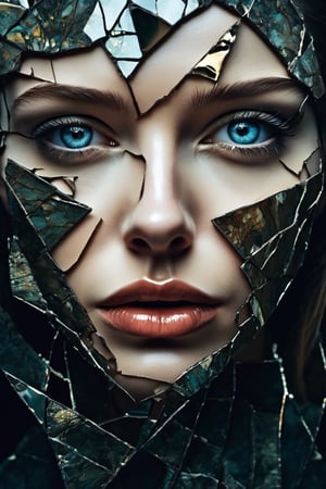 a close up of a painting of a woman's face with a broken face, cracked porcelain face, fragmented, abstract portrait, nicolas delort, surreal dark art, stefan gesell, shattered, dark schizophrenia portrait, inspired by Igor Morski, shattered abstractions, broken mirror, broken mirrors composition, shattered wall, 4 k symmetrical portrait, glass face, Detailedface, Detailedeyes