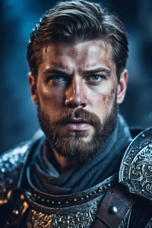 a closeup photo of bearded European male warrior in steel armor, intense expression, in the ruined temple, fire, cold colors night, rim lighting, cinematic, highly detailed, masterpiece