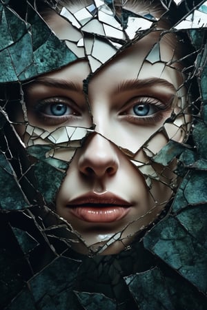 a close up of a painting of a woman's face with a broken face, cracked porcelain face, fragmented, abstract portrait, nicolas delort, surreal dark art, stefan gesell, shattered, dark schizophrenia portrait, inspired by Igor Morski, shattered abstractions, broken mirror, broken mirrors composition, shattered wall, 4 k symmetrical portrait, glass face, Detailedface, Detailedeyes