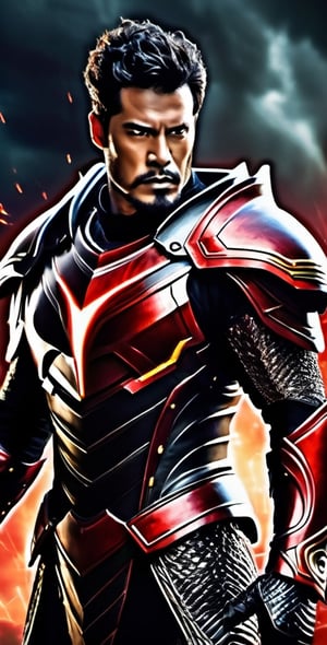 In a realm of fantasy, a man adorned in electrifying red and black armor stands resolute. His armor crackles with contained lightning, imbuing him with an aura of power. In his grasp, he wields a sword that seems forged from lightning itself, its blade a mesmerizing dance of sparks. This fierce warrior is a beacon of strength in a world of magic and wonder.,Movie Still,mecha,Magical Fantasy style