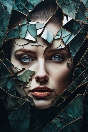 a close up of a painting of a woman's face with a broken face, cracked porcelain face, fragmented, abstract portrait, nicolas delort, surreal dark art, stefan gesell, shattered, dark schizophrenia portrait, inspired by Igor Morski, shattered abstractions, broken mirror, broken mirrors composition, shattered wall, 4 k symmetrical portrait, glass face, Detailedface, Detailedeyes