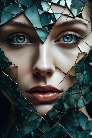 a close up of a painting of a woman's face with a broken face, cracked porcelain face, fragmented, abstract portrait, nicolas delort, surreal dark art, stefan gesell, shattered, dark schizophrenia portrait, inspired by Igor Morski, shattered abstractions, broken mirror, broken mirrors composition, shattered wall, 4 k symmetrical portrait, glass face, Detailedface, Detailedeyes