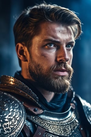 a closeup photo of bearded European male warrior in steel armor, intense expression, in the ruined temple, fire, cold colors night, rim lighting, cinematic, highly detailed, masterpiece