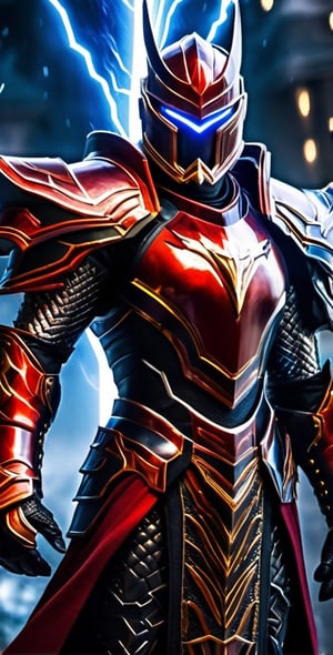 In a realm of fantasy, a man adorned in electrifying red and black armor stands resolute. His armor crackles with contained lightning, imbuing him with an aura of power. In his grasp, he wields a sword that seems forged from lightning itself, its blade a mesmerizing dance of sparks. This fierce warrior is a beacon of strength in a world of magic and wonder.,Movie Still,mecha,Magical Fantasy style