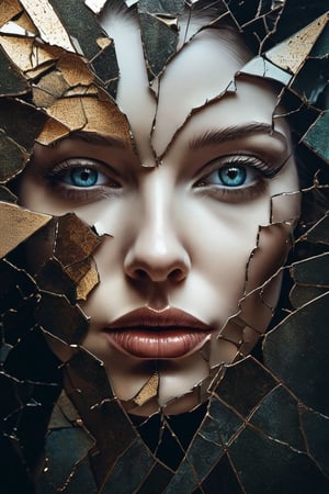 a close up of a painting of a woman's face with a broken face, cracked porcelain face, fragmented, abstract portrait, nicolas delort, surreal dark art, stefan gesell, shattered, dark schizophrenia portrait, inspired by Igor Morski, shattered abstractions, broken mirror, broken mirrors composition, shattered wall, 4 k symmetrical portrait, glass face, Detailedface, Detailedeyes