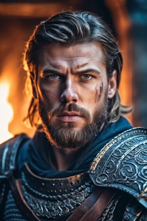 a closeup photo of bearded European male warrior in steel armor, intense expression, in the ruined temple, fire, cold colors night, rim lighting, cinematic, highly detailed, masterpiece