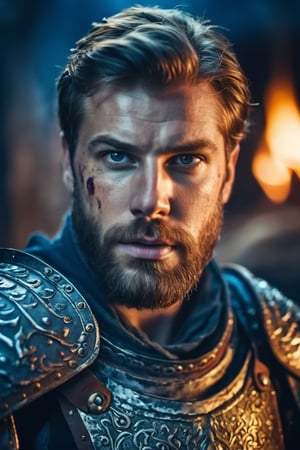 a closeup photo of bearded European male warrior in steel armor, intense expression, in the ruined temple, fire, cold colors night, rim lighting, cinematic, highly detailed, masterpiece