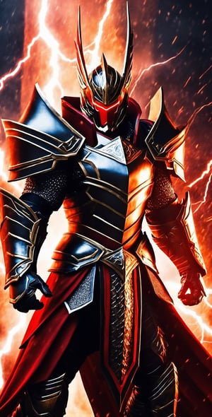 In a realm of fantasy, a man adorned in electrifying red and black armor stands resolute. His armor crackles with contained lightning, imbuing him with an aura of power. In his grasp, he wields a sword that seems forged from lightning itself, its blade a mesmerizing dance of sparks. This fierce warrior is a beacon of strength in a world of magic and wonder.,Movie Still,mecha,Magical Fantasy style