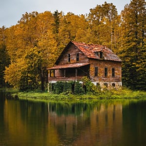 Old rusty house by the lake