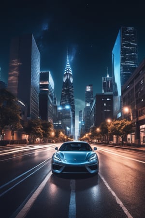 masterpiece,hyper Reality,ray-tracing, high-resolution, modern city, high buildings, car, a street road in the middle of the city, the sky is full of huge planet, night, galaxy, cinematic view, cinematic angle, cinematic light,