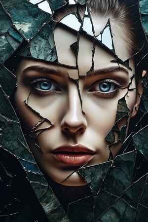 a close up of a painting of a woman's face with a broken face, cracked porcelain face, fragmented, abstract portrait, nicolas delort, surreal dark art, stefan gesell, shattered, dark schizophrenia portrait, inspired by Igor Morski, shattered abstractions, broken mirror, broken mirrors composition, shattered wall, 4 k symmetrical portrait, glass face, Detailedface, Detailedeyes