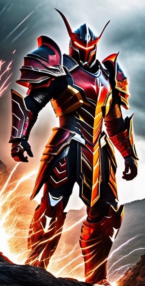 In a realm of fantasy, a man adorned in electrifying red and black armor stands resolute. His armor crackles with contained lightning, imbuing him with an aura of power. In his grasp, he wields a sword that seems forged from lightning itself, its blade a mesmerizing dance of sparks. This fierce warrior is a beacon of strength in a world of magic and wonder.,Movie Still,mecha,Magical Fantasy style