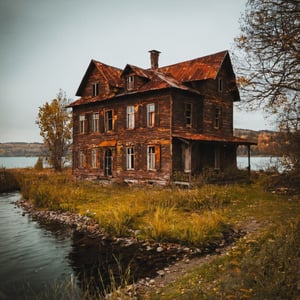 Old rusty house by the lake