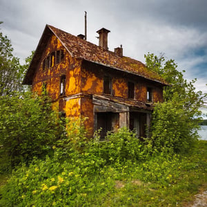 Old rusty house by the lake