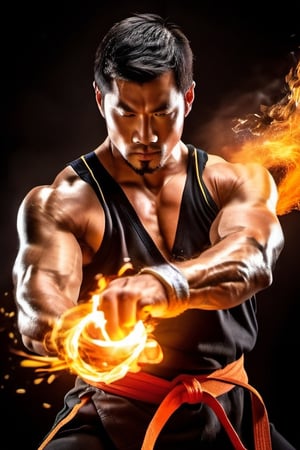 "Generate an image of a slightly muscular man immersed in martial arts training, his hands radiating a fiery magical glow. Capture the dynamic moment as he seamlessly blends his martial prowess with the power of fire magic, creating an impressive and captivating scene." 1 man,, 