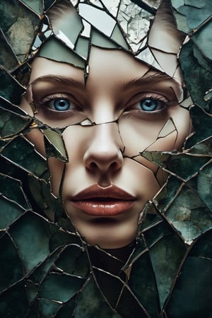 a close up of a painting of a woman's face with a broken face, cracked porcelain face, fragmented, abstract portrait, nicolas delort, surreal dark art, stefan gesell, shattered, dark schizophrenia portrait, inspired by Igor Morski, shattered abstractions, broken mirror, broken mirrors composition, shattered wall, 4 k symmetrical portrait, glass face, Detailedface, Detailedeyes