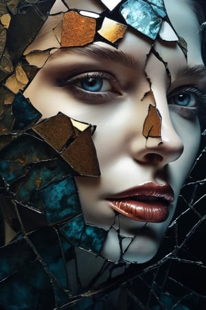 a close up of a painting of a woman's face with a broken face, cracked porcelain face, fragmented, abstract portrait, nicolas delort, surreal dark art, stefan gesell, shattered, dark schizophrenia portrait, inspired by Igor Morski, shattered abstractions, broken mirror, broken mirrors composition, shattered wall, 4 k symmetrical portrait, glass face, Detailedface, Detailedeyes