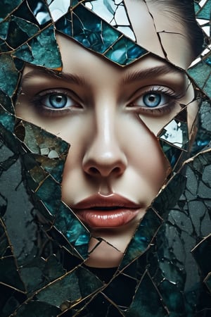 a close up of a painting of a woman's face with a broken face, cracked porcelain face, fragmented, abstract portrait, nicolas delort, surreal dark art, stefan gesell, shattered, dark schizophrenia portrait, inspired by Igor Morski, shattered abstractions, broken mirror, broken mirrors composition, shattered wall, 4 k symmetrical portrait, glass face, Detailedface, Detailedeyes