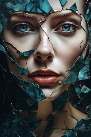 a close up of a painting of a woman's face with a broken face, cracked porcelain face, fragmented, abstract portrait, nicolas delort, surreal dark art, stefan gesell, shattered, dark schizophrenia portrait, inspired by Igor Morski, shattered abstractions, broken mirror, broken mirrors composition, shattered wall, 4 k symmetrical portrait, glass face, Detailedface, Detailedeyes