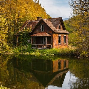 Old rusty house by the lake