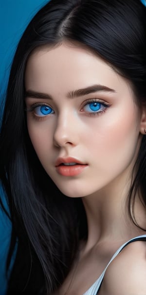 




	(digital art, ultra-realistic, high detail, high resolution, photorealistic), giving a surreal and captivating visual experience, with a focus on the contrast between the black blue elements, 
pretty young woman, blue color eyes, fully black hair, pale white skin, 
	shiny small accessories, very little light makeup, 
	abstract white-blue background, (dark blue background:1.1), 
	best photo quality, clear detailed texture, canon eos 80d photo, 
	, leaning standing pose, waist-up shot, 
extra details texture, absolute realistic photo, long straight hair, saturated colors, oral face shape