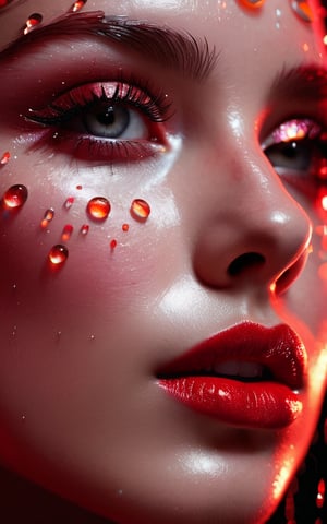 (digital art, ultra-realistic, high detail, high resolution, photorealistic) close-up of a woman's face with eyes closed, illuminated by a deep red light. The face is covered with droplets of water, creating an abstract geometric pattern. The background is a black-glittered texture, enhancing the sparkle and reflection of the droplets. The woman's eyelashes and lips are accentuated, with the red light adding a shimmering effect. The overall atmosphere is dark, mysterious, and vibrant, with a focus on the contrast between the red and black elements, giving a surreal and captivating visual experience.