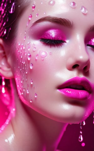 




(digital art, ultra-realistic, high detail, high resolution, photorealistic) close-up of a woman's face with eyes closed, pale white skin, illuminated by a hot pink light. The face is covered with droplets of water, creating an abstract geometric pattern. The background is a white-glittered texture, enhancing the sparkle and reflection of the droplets. The woman's eyelashes and lips are accentuated, with the pink light adding a shimmering effect. The overall atmosphere is dark, mysterious, and vibrant, with a focus on the contrast between the pink  and white elements, giving a surreal and captivating visual experience, hot pink lips.