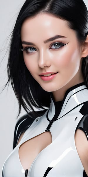 




	woman, beautiful perfect face, random color eyes, fully black hair, pale white skin, sexy face marks, perfect, 
	shiny small accessories, very little light makeup, reflective futuristic costume, 
	abstract white-black background, (white black background:1.1), 
	best photo quality, clear detailed texture, canon eos 80d photo, 
	smile, leaning standing pose, 
extra details texture, absolute realistic photo, long straight hair.