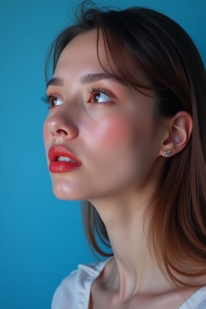 




pretty woman, graphics interesting creative effect, blue-background only, light skin, red cheeks, , pink lips, glossy shiny reflective lips, long straight hair, looking aside