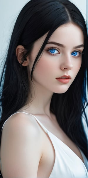 




	(digital art, ultra-realistic, high detail, high resolution, photorealistic), giving a surreal and captivating visual experience, with a focus on the contrast between the white black and blue elements, 
pretty young woman, blue color eyes, fully black hair, pale white skin, 
	shiny small accessories, very little light makeup, 
	abstract white-blue background, (white blue background:1.1), 
	best photo quality, clear detailed texture, canon eos 80d photo, 
	, leaning standing pose, waist-up shot, 
extra details texture, absolute realistic photo, long straight hair, saturated colors