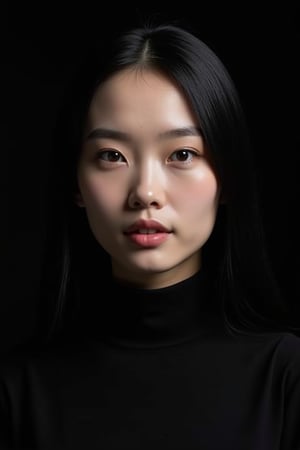 




26 years old woman, black background, dark theme, snow white skin tone, ligh skin tone, super straight hair, tall oval face shape, light makeup