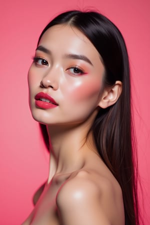 




pretty woman, graphics interesting creative effect, pink-background only, light skin, red cheeks, , pink lips, glossy shiny reflective lips, long straight hair, looking aside