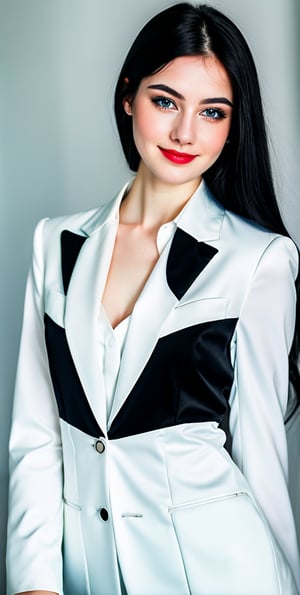 woman, beautiful face, perfect face, blue eyes fully black hair, pale white skin, sexy marks, perfect, abstract white and black background, shiny accessories, best quality, clear texture, details, canon eos 80d photo, very little light makeup, reflective formal business suit costume, smile, upper body 